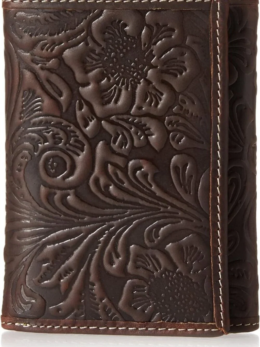 Floral Embossed Leather Trifold Wallet for Men, RFID Blocking, Brown Design